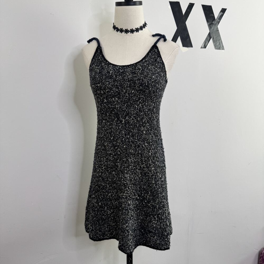 Vintage 90s Black Knit Bodycon Mini Dress Fitted Sweater Minimal L